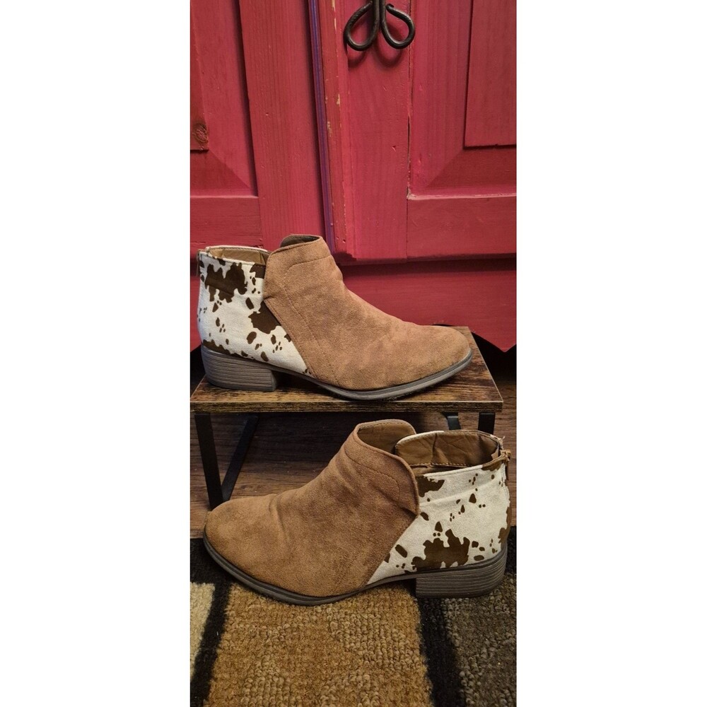 Pierre Dumas Size 10 Brown Faux Suede and Cow Print Ankle Booties 1.5" Heel